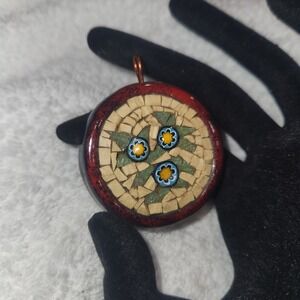Monreale Italy Micro Mosaic Floral Pendant Millefiori Ceramic Pottery Signed